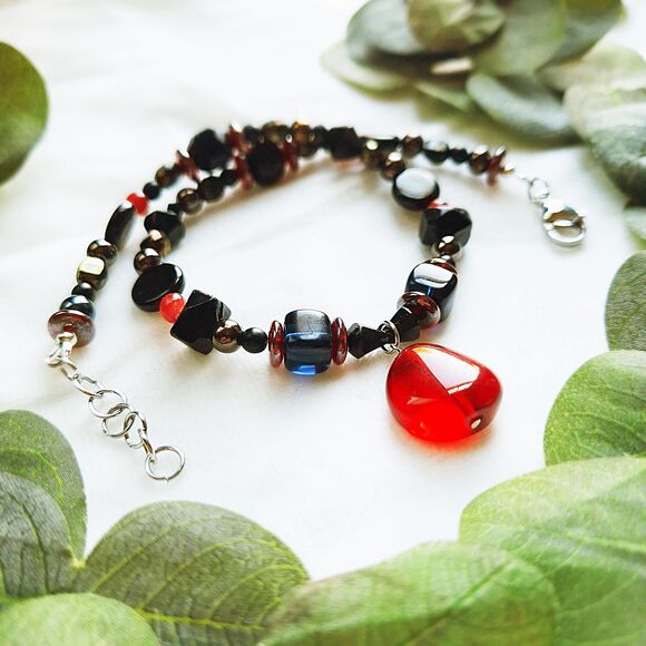 Goth Black Glass & Stone Beaded Choker with Red Teardrop Pendant, Adjustable - Picture 11 of 14